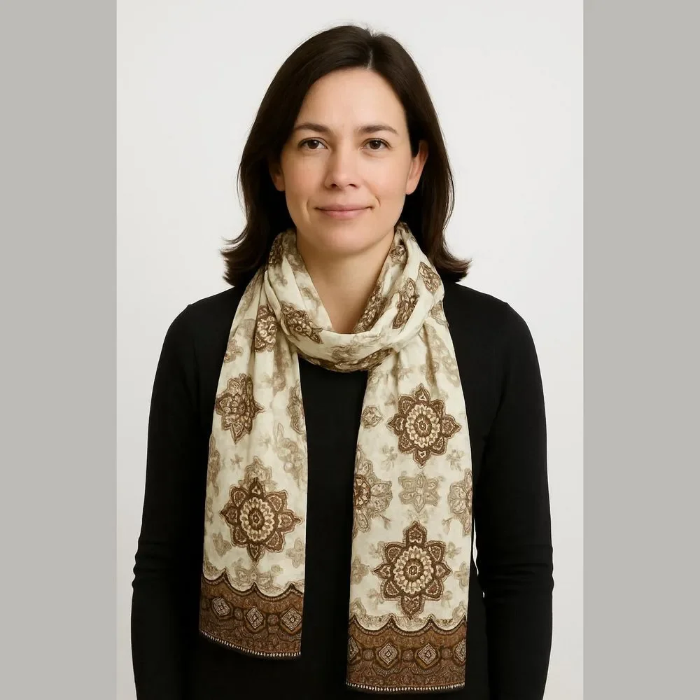 Cejon Beige Brown Floral Paisley Scarf 9 x 30